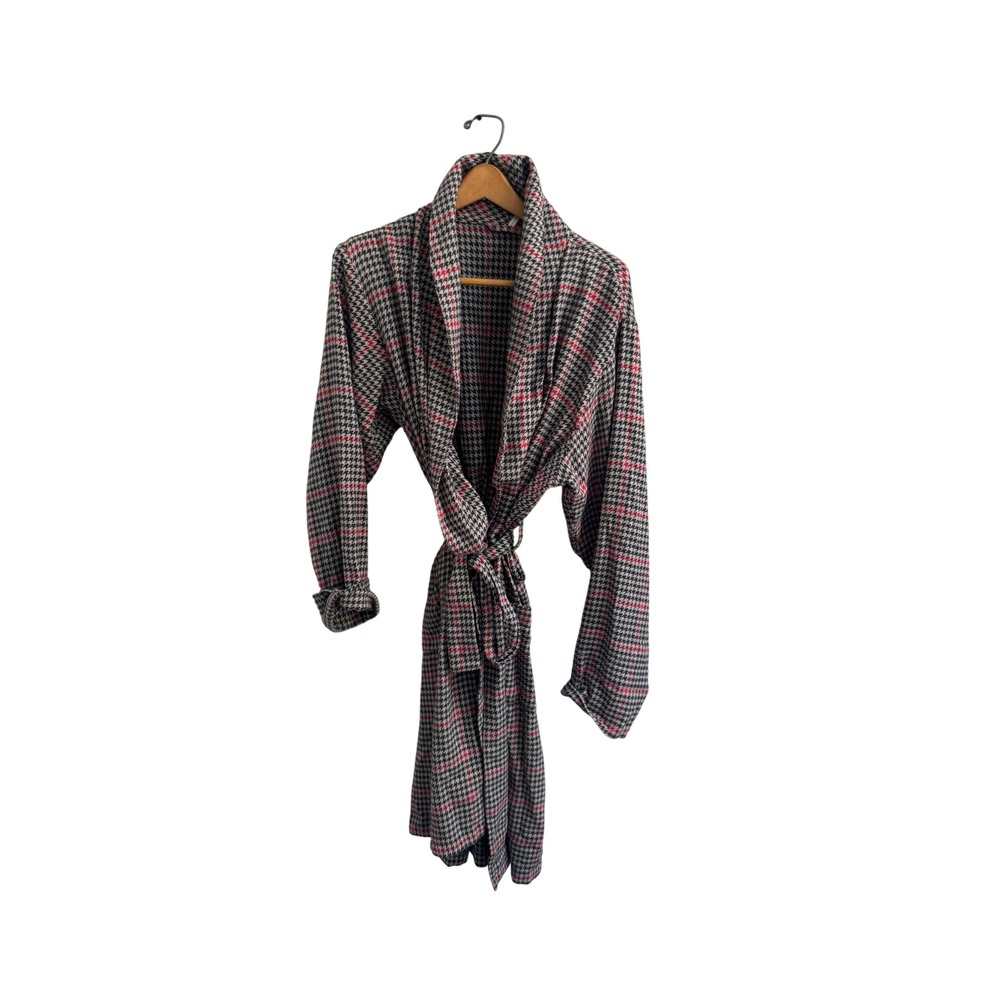 Pottery Barn Houndstooth Plaid Cotton Robe Black‎ Red White Shawl Collar S/M
